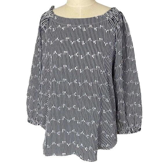 LOFT Outlet Eyelet Blouse Size Medium Navy Blue Stripe Gathered Shoulder Cuffs - Picture 1 of 11